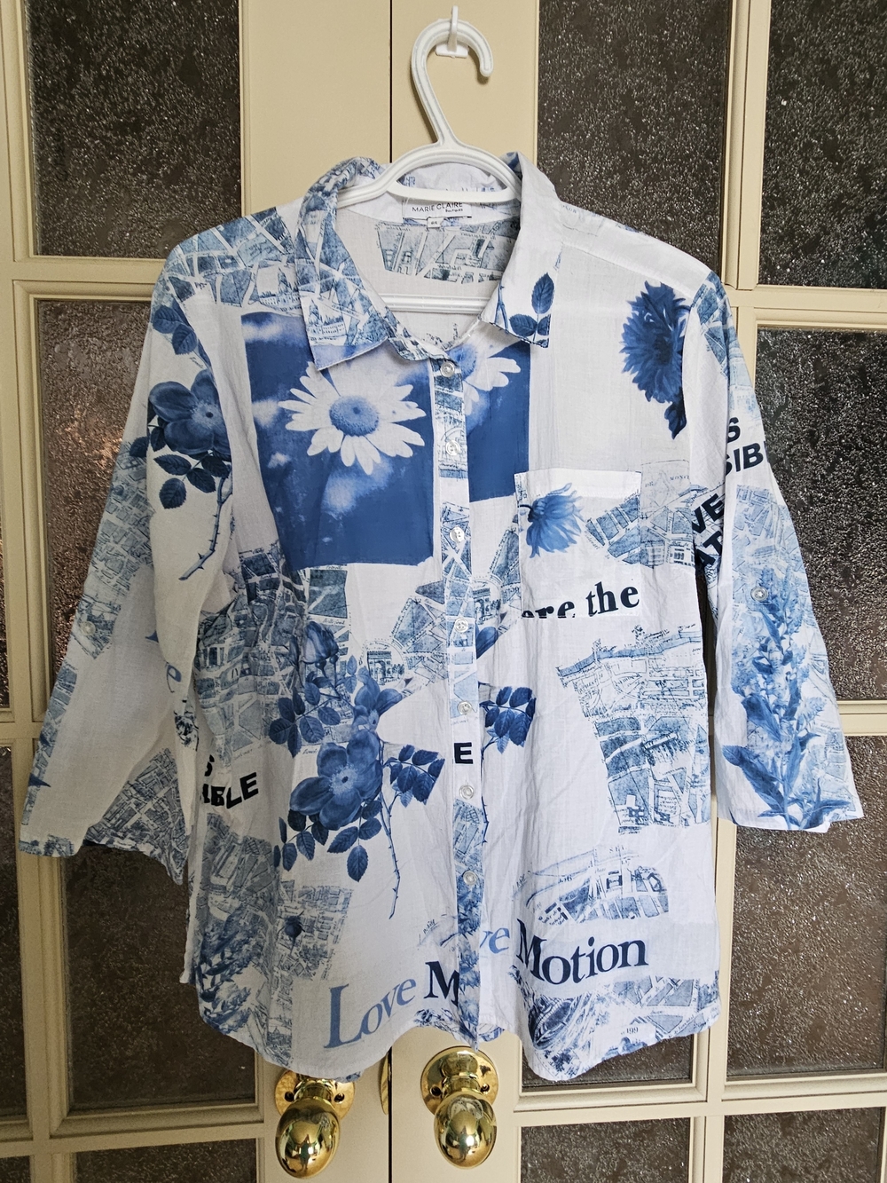 Women's Blue & White Floral Patchwork Button-Up Blouse